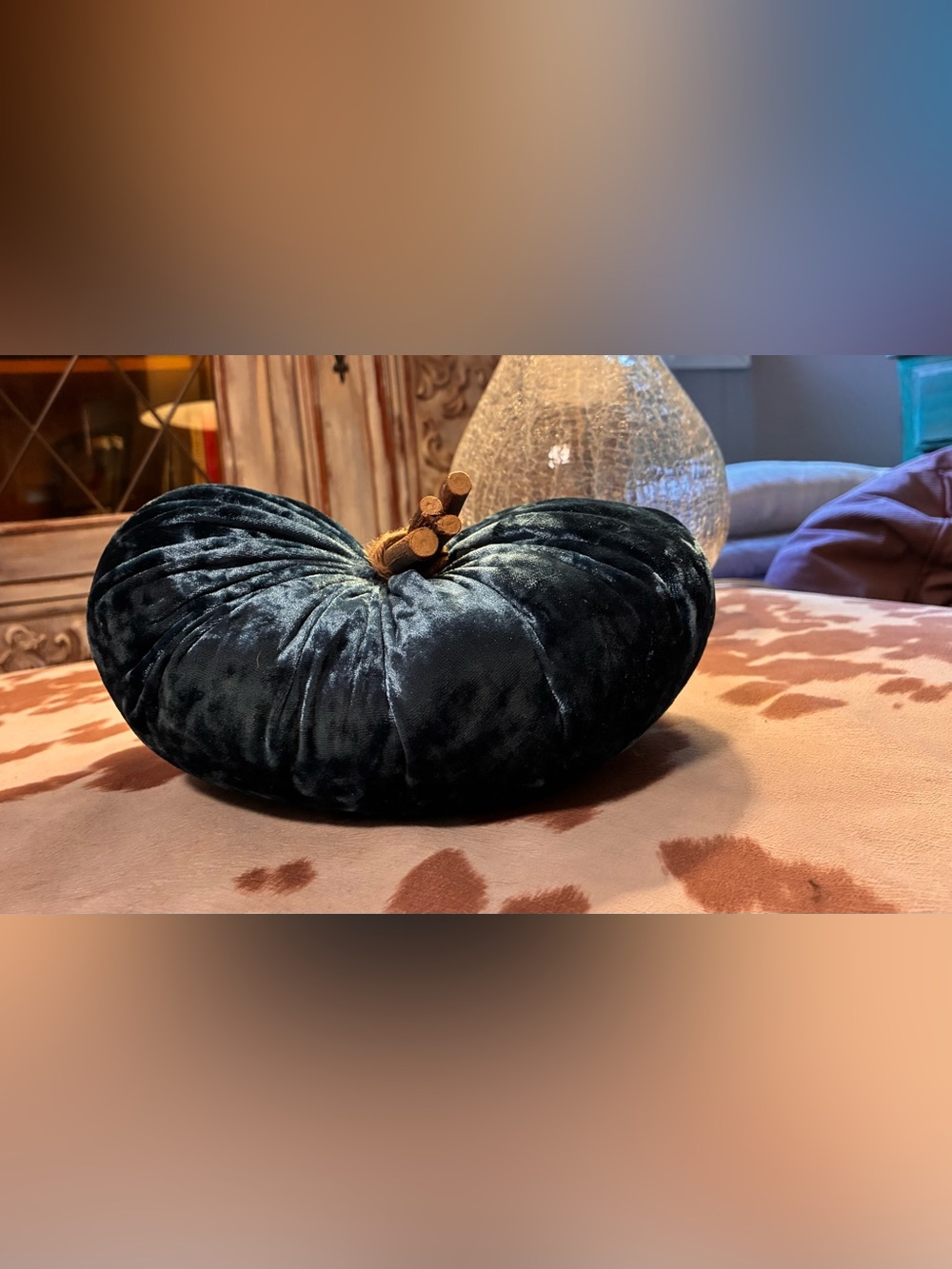 Velvet Pumpkin Accent - Deep Teal Twig stem Handmade